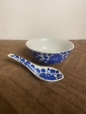 Chinese Antique Porcelain Soup Bowl and Spoon Set ~ Blue and White Unmarked  picture