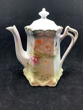 Antique 6 sided teapot hand painted Germany waterlilies gold detail pastel color picture