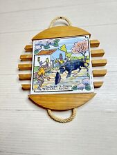 Vintage Hand Painted Ceramic Tile Trivet Wood with Rope Handles Bull Run Acores picture