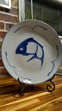 2  Vintage Koi Fish, Chinese Hand Painted Blue & White dinner plates 10 Inch  picture
