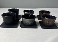 Vtg Set of 6 Japanese Cast Iron Tea Cups [2 Sizes] Black Rust & Silver & Coaster picture