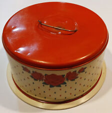 Vintage Metal Covered Locking Cake Tin & Plate Carrier Keeper Red Roses 50’s-60’ picture