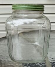 Vintage Glass Jar w/Green Lid Ribbed Sides Country Store Hoosier Cabinet Storage picture