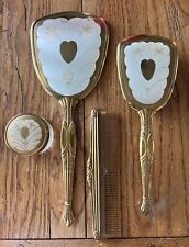 Vintage Vanity Set of 4 Pieces - Brush, Comb, Mirror and Jar - Heart and Flowers picture