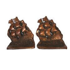 Pair Of Vintage Bronzed Cast Iron Tall Ship Sail Boat Maritime Statue Bookends  picture