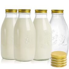 4 Pack 32 oz Glass Milk Bottles with 8 Metal Screw On Lids Vintage Milk Conta... picture