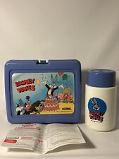 Looney Tunes Plastic Thermos Lunch Box 1989 Warner Bros Birthday Purple  picture