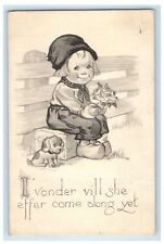 1913 Dutch Boy And Cute Dog Waiting With Flowers Posted Antique Postcard picture