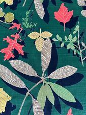 Hawaiian LEAFY PLUMERIA Electric Scattered Leaves Teal Barkcloth Vintage Fabric picture