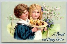 Victorian Easter~Boy & Girl Fill Hat with Chicks~Bird on Brim~Flower Trees~TUCK picture