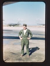 Vtg 1950s 35mm Slide - Soldier at Wheelus Field Tripoli Libya, C-54 Skymasters picture