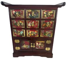 Vintage Chinoiserie Pagoda Jewelry Box Brass Accents Wooden Cabinet Burgundy Red picture