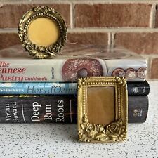 Vintage Goldtone Miniature Frame Pair with Roses Christmas Frame Ornaments- Tin picture