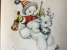 VTG Greeting Christmas Card Snowman Riding White Pudgy Reindeer 1940s  Fiddle picture