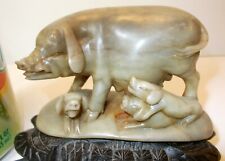 Antique Chinese Carved SOAPSTONE PIG & Baby PIGLETS Ornate Wood Base Asian CHINA picture