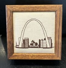 VTG Needlework Wood Trinket Box Gateway Arch  St. Louis Riverfront Skyline 6” picture