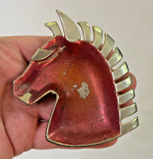 Cool Stylish Vintage Horse Head Ashtray Gold-Tone Metal with Red Paint picture