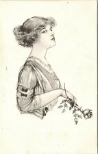 C.1911 Beautiful Woman W Rose Sketch Print Glamour Postcard 722 picture