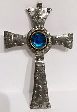 Vintage Tin Wall Cross Mexico Art Rhinestone Silver Turquoise Aqua Hand Painted picture