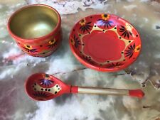 Khokhloma Wooden Tea Set of Cap, Plate & Tea Spoon, Red & Gold Hand Made. picture