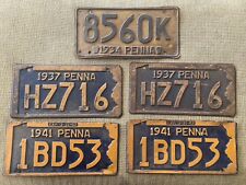 Lot of 5 Antique PA License Plates. 2 Pairs, 1937 & 1941. 1934 Single Plate. picture