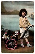 1908 Little Kid Pullling a Cart Filled with Flowers, Postcard picture