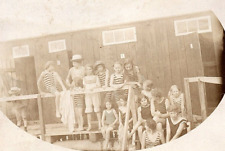 1930s CHILDREN IN SWIMMING OUTFITS POOLHOUSE STRIPED SUITS RPPC POSTCARD 44-196 picture