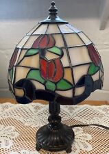 Vintage Mini Tiffany Style Stained-Glass Lamp Red Roses on Shade 12