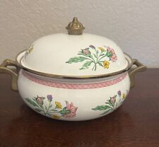 Vintage Brass Handle Cooking Pot With Lid Enamel Floral With Pink Trim Gold Rim picture