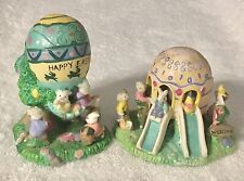 2 Vtg HOPPY HOLLOW Porcelain Easter Bunny Playground & Hot Air Balloon 2003 picture