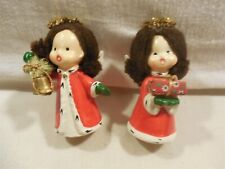 Vintage Napco Japan Ceramic Christmas Yarn Hair Angels Bell Gift Figurines 9750 picture
