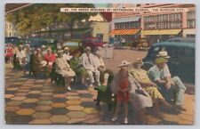 St. Petersburg Florida Famous Green Benches Old Cars Vintage 1949 Linen Postcard picture