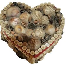 Vintage Shell Heart Shaped Red  Lined Trinket Box 5x6x3” Assorted  Shells picture