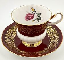 Windsor Bone China English Teacup Tea Cup Saucer Set Burgundy Gold Pink Rose picture