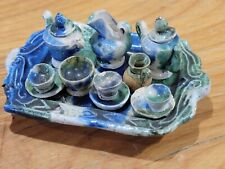 VINTAGE MEXICO MINIATURE CLAY TEA SET HANDCRAFTED BLUE, GREEN, & WHITE GLAZE picture