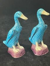 Pair Antique Cerulean Blue Porcelain Chinese Duck Figurines 4.75