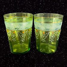 Antique Bohemian Textured HandPainted Tumbler Set 2 Drinking Glass Green Tumbler picture