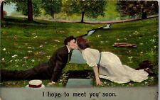 Vintage Valentine Love Kissing Couple Postcard Hope to Meet You Soon Posted 1910 picture