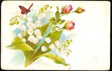 1910s VINTAGE HOLIDAY POSTCARD FLOWERS  BUTTERFLY picture