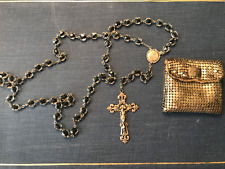 VINTAGE STERLING SILVER Rosary & Cross Silver Mesh Purse Black Crystals/Beads picture