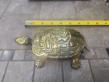 VINTAGE SOLID BRASS TURTLE TRINKET BOX ASHTRAY HINGED LID 6”x 3” picture