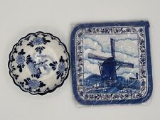 Delft Deco Hand Painted Holland Trinket Dish and Pot Holder picture