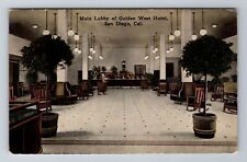 San Diego CA-California, Main Lobby Of Golden West Hotel, Vintage Postcard picture