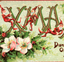 c.1910 Christmas Postcard Large Letter XMAS Beard Pajamas Elves Climbing Flowers picture
