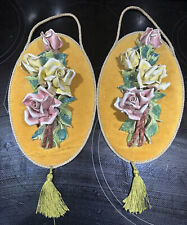 Vintage Pair of Capodimonte Porcelain Flowers On Velvet Wall Tassel Art Italy 2 picture