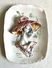 VINTAGE E. TEZZA PORCELAIN FIGURE WALL PLAQUE LADY IN HAT SIGNED MIDCENTURY picture