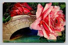 Postcard Floral Greeting with Pink Rose and Bridge, Antique G6 picture