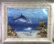 31”X 25” Framed Ceramic Tile Art Dolphins Underwater Signed J.W. Harris picture