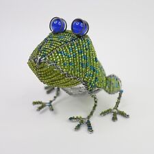 Grassroots Beadwork Green Wire Frog Figurine Sculpture Glass Beads Art Handmade picture