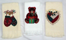 VTG LOT 3 CHRISTMAS FINGER TIP HAND GUEST TOWELS MITTENS TEDDY BEAR HOLLY HEART picture